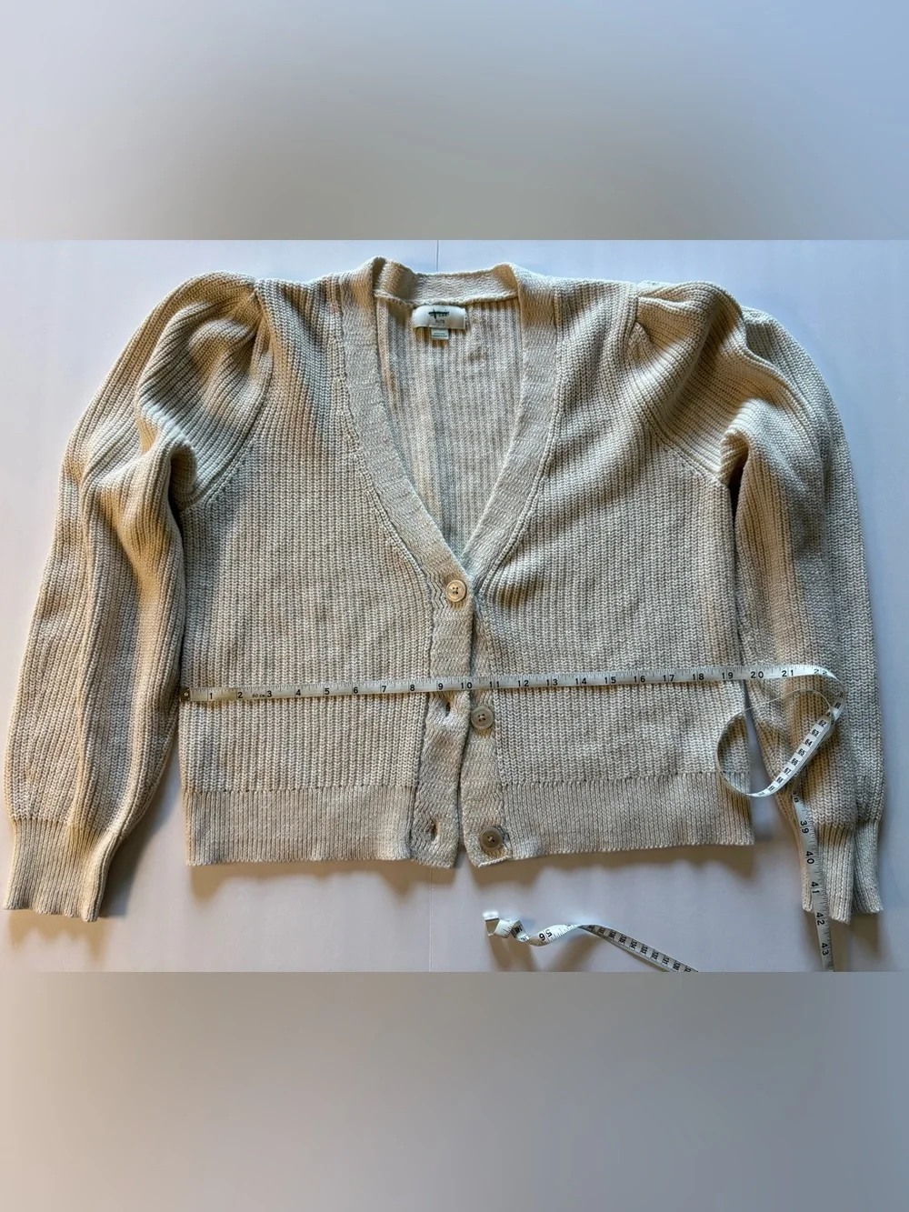 Aerie V-Neck Button Cardigan with Subtle Puff Sleeves - Picture 5 of 7